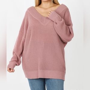 #56 🛑1X,2X,3X ✨️PLUS SIZE✨️ DOUBLE V-NECK WAFFLE SWEATER